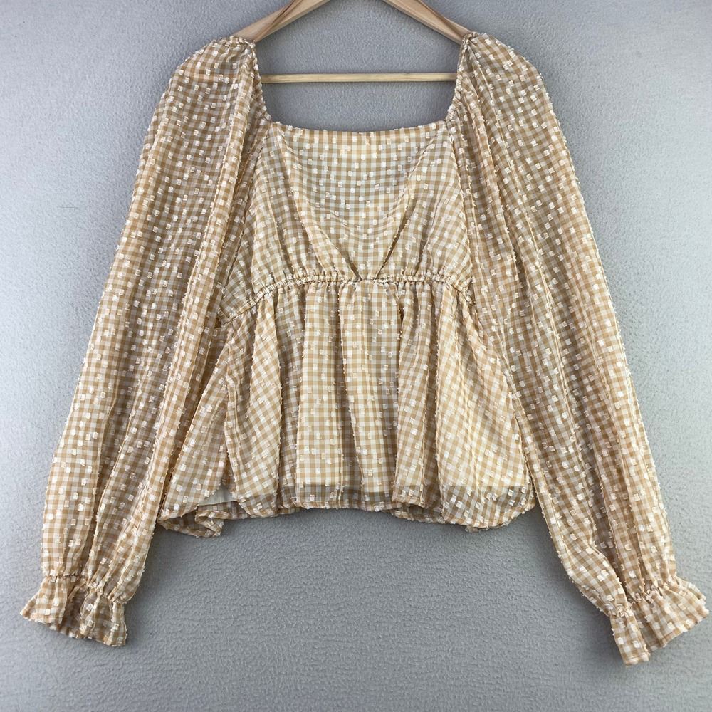 blu pepper Gingham Peplum Top Women L Tan Cottagecore Tie Front Long Sleeve - Picture 2 of 9